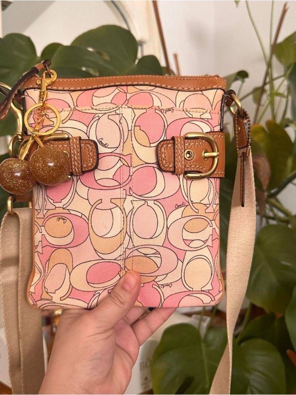 Y2k Coach Pink Signature Crossbody Bag with Tan Leather Trim